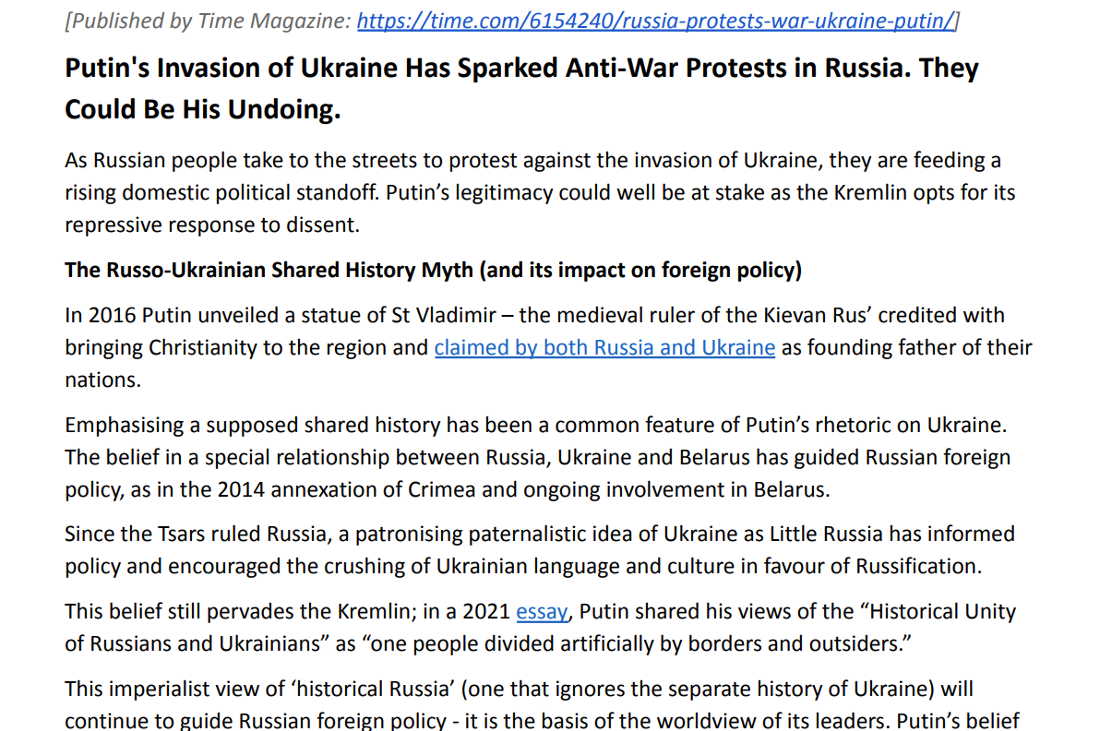 article on Putin and the War in Ukraine